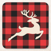 Kerstvakantie Hert Rood Zwart Gingham Vierkante Kartonnen Onderzetter (Voorkant)