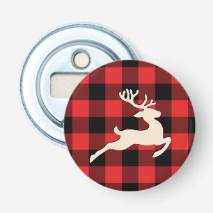Kerstvakantie herten geweien rood buffel geruit button flesopener