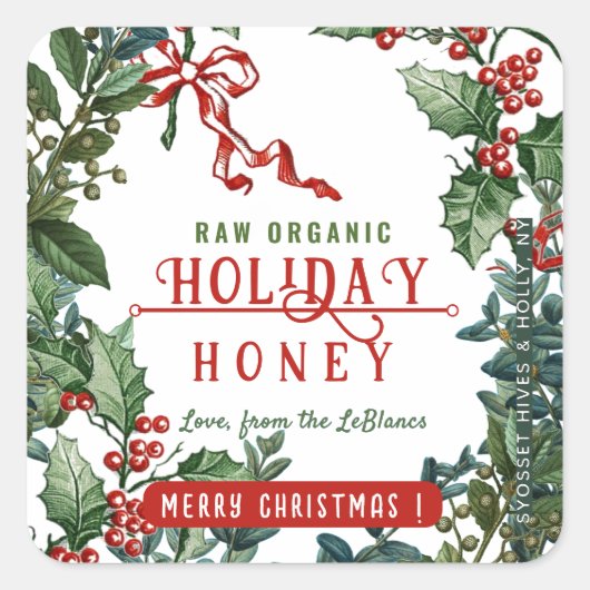 Kerstvakantie Honing met Holly & Berry Border Vierkante Sticker (Voorkant)