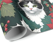 Kerstvakantie katten en poinsettia's cadeaupapier (Rol Hoek)
