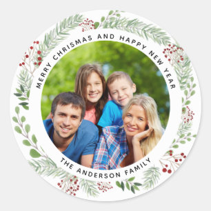 Kerstvakantie krans fotolabel ronde sticker