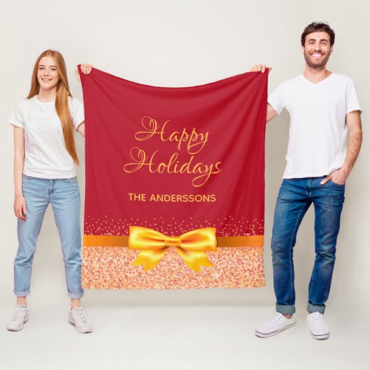 Kerstvakantie lint strik roos goud rood fleece deken (In situ)