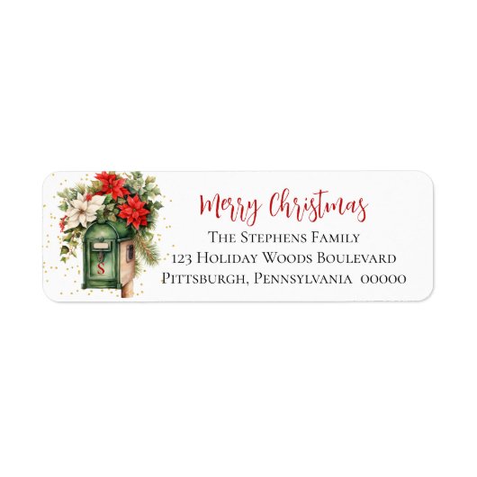 Kerstvakantie Mailbox Floral Monogram Etiket (Voorkant)