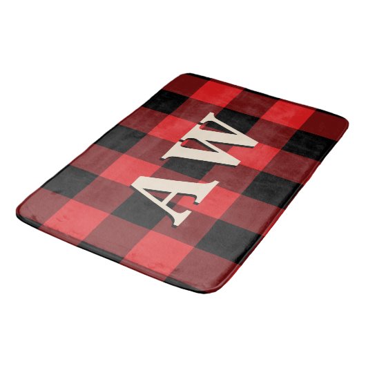 Kerstvakantie Monogram Rood Zwart Gingham Badmat (Gekanteld)