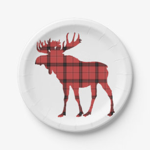 Kerstvakantie Moose Red Plaid Tartan Patroon Papieren Bordje