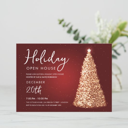 Kerstvakantie open huis goudboom rood kaart (Staand voorkant)