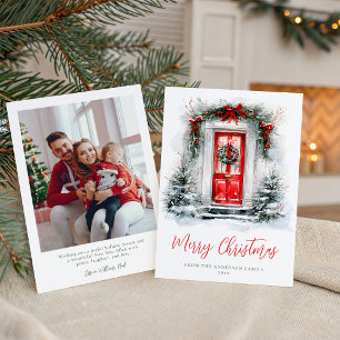 Kerstvakantie Rode Deur Kerst Familie Foto Feestdagenkaart