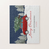 Kerstvakantie Rode Truck Kerstmis Familie Naam Legpuzzel (Verticaal)