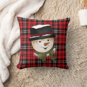 Kerstvakantie rood en zwart Tartan Snowman Kussen