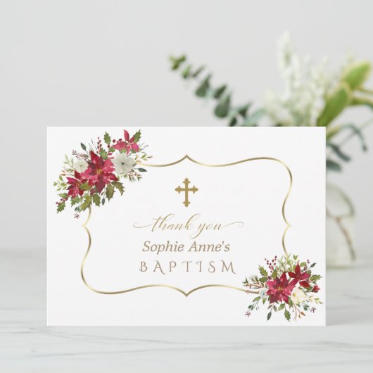 Kerstvakantie Rood Witte Poinsettia Doop Bedankkaart (Staand voorkant)
