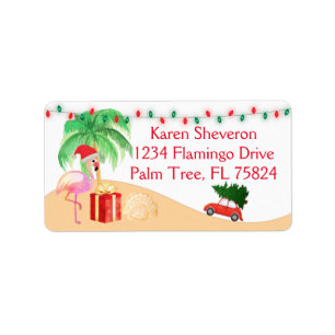 Kerstvakantie Santa Pink Flamingo op een strand Etiket