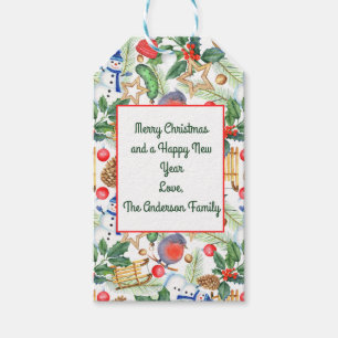 Kerstvakantie Xmas Sneeuwman, Dennenappels, Hulst Cadeaulabel