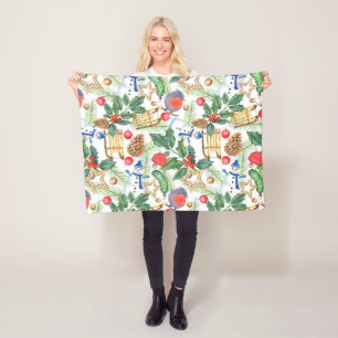 Kerstvakantie Xmas Sneeuwman, Dennenappels, Hulst Fleece Deken