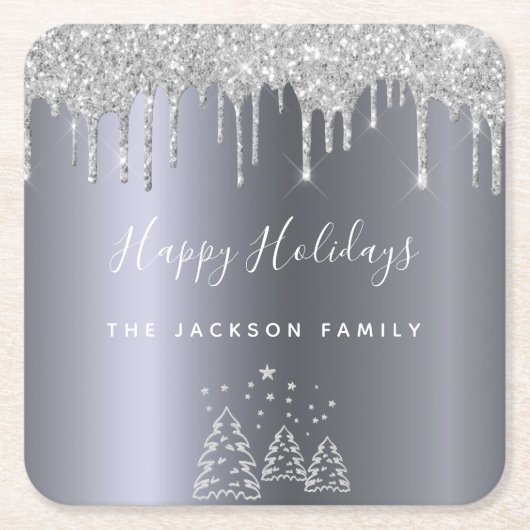 Kerstvakantie zilver glitter bos bomen vierkante kartonnen onderzetter (Voorkant)