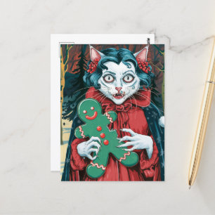 Kerstvampier Kat met groene peperkoek Briefkaart