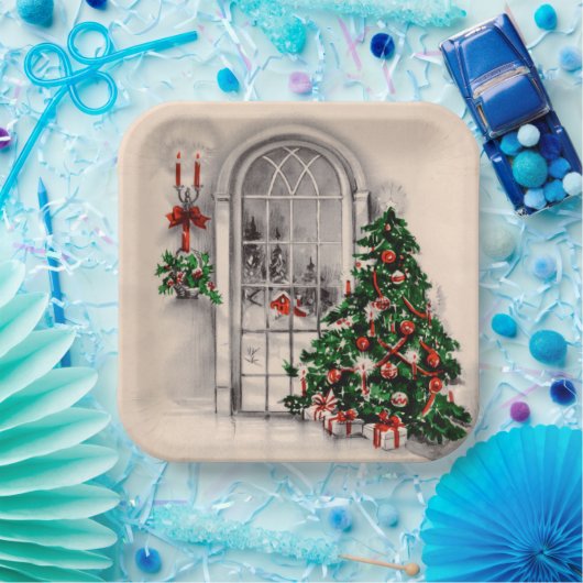 Kerstvenster licht vierkant papieren bordje (Feest)