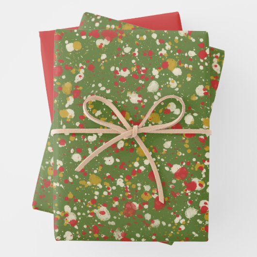 Kerstverf spatter in Retro Red en Olive Green Inpakpapier Vel (In situ)