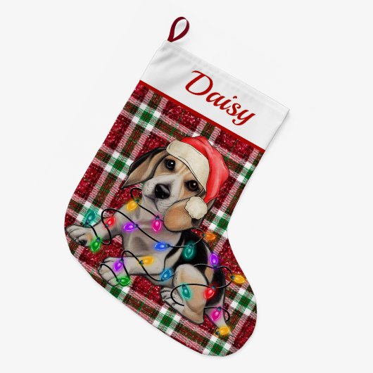 Kerstverlichting Beagle Sparkly Plaid Tartan Grote Kerstsok (Voorkant (Hangend))
