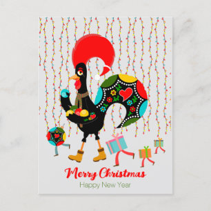 Kerstverlichting, bubbels, cadeaus en Rooster Briefkaart