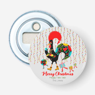 Kerstverlichting, bubbels, cadeaus en Rooster Button Flesopener