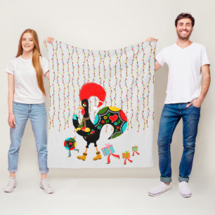 Kerstverlichting, bubbels, cadeaus en Rooster Fleece Deken