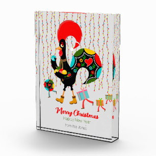 Kerstverlichting, bubbels, cadeaus en Rooster Fotoblokken