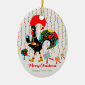 Kerstverlichting, bubbels, cadeaus en Rooster Keramisch Ornament (Voorkant)