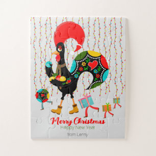 Kerstverlichting, bubbels, cadeaus en Rooster Legpuzzel
