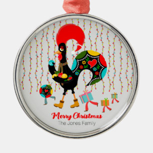 Kerstverlichting, bubbels, cadeaus en Rooster Metalen Ornament