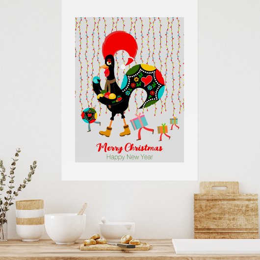 Kerstverlichting, bubbels, cadeaus en Rooster Poster (Keuken)