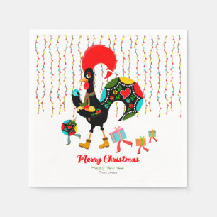 Kerstverlichting, bubbels, cadeaus en Rooster Servet