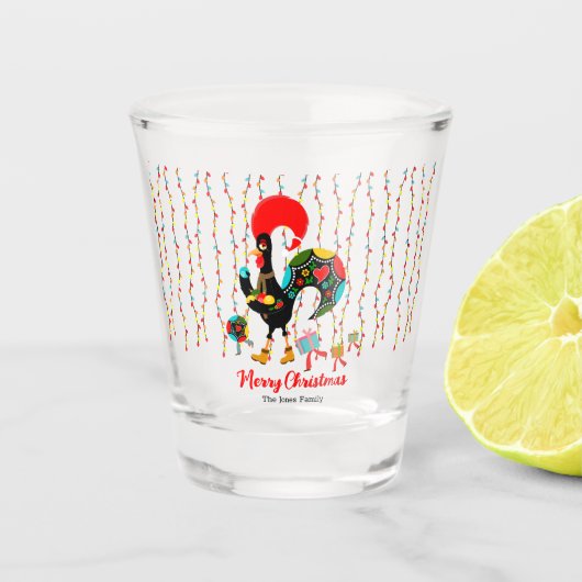 Kerstverlichting, bubbels, cadeaus en Rooster Shot Glas (Voorkant)