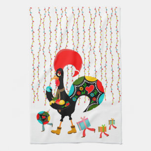 Kerstverlichting, bubbels, cadeaus en Rooster Theedoek