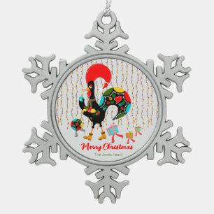 Kerstverlichting, bubbels, cadeaus en Rooster Tin Sneeuwvlok Ornament