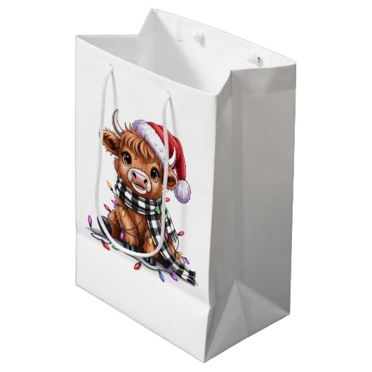 Kerstverlichting Highland Koe Santa Hat Medium Cadeauzakje (Voorkant Gekanteld)