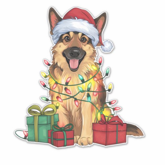 Kerstverlichting Kerstman Hoed Duitse Herder Hond Sticker (Voorkant)