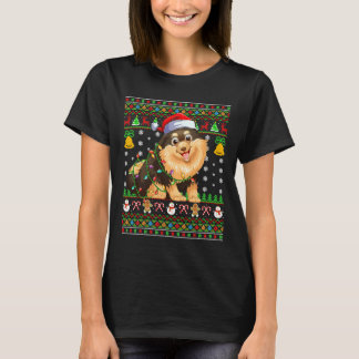 Kerstverlichting Kerstman Hoed Pomeranian Hond T-shirt
