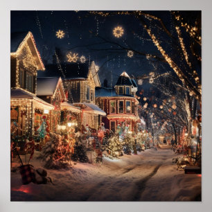 Kerstverlichting na een frisse sneeuw poster