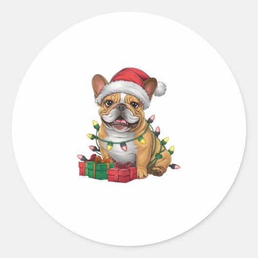 Kerstverlichting Santa Hat Franse Bulldog Kerstmis Ronde Sticker (Voorkant)
