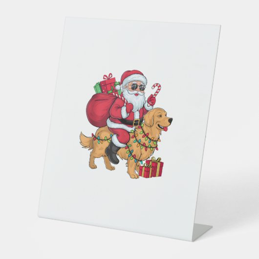 Kerstverlichting Santa Riding Golden Retriever Dog Reclamebord Met Voetstuk (Voorkant)