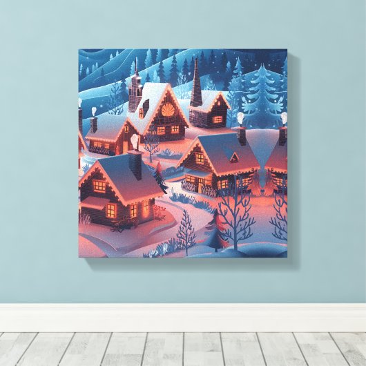 Kerstverlichting versierd met sneeuw bedekt dorp H Canvas Afdruk (Insitu (Houten vloer))