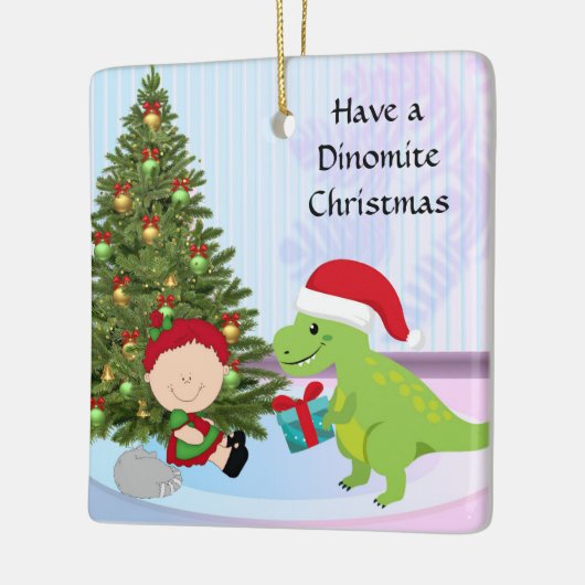 Kerstversiering met Dino en Kind Keramisch Ornament (Links)
