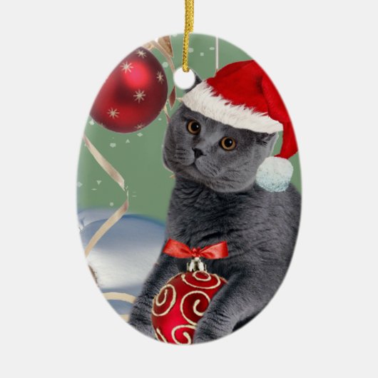 Kerstversiering met grijze kat keramisch ornament (Voorkant)