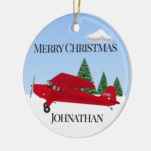 kerstversiering met rood vliegtuig keramisch ornament (Links)