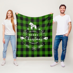 Kerstversiering op zwart & groen geruite patroon fleece deken