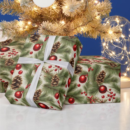 Kerstversieringen, dennenappels, dennentakken cadeaupapier (Feestdagen)