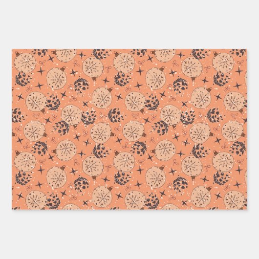 kerstversieringen, sierbloemen, kegels op kerst inpakpapier vel (Voorkant)