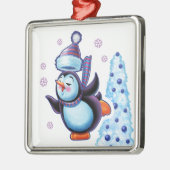 Kerstvierkant ornament schaatspinguïn (Links)