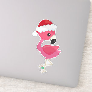 KerstvlamJon, roze flamingo, Santa Hat, vogel Sticker