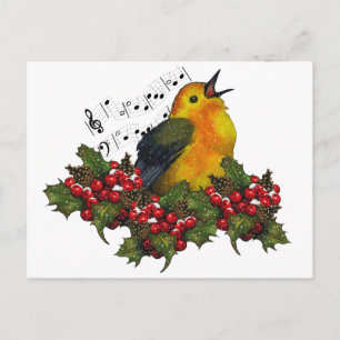 Kerstvogel zingen met Holly, bessen Feestdagenkaart